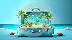 imagine creative vacation travel time banner, open travel suitca