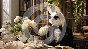 Imagine a dapper rabbit in a velvet smoking jacket