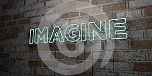 IMAGINE - Glowing Neon Sign on stonework wall - 3D rendered royalty free stock illustration