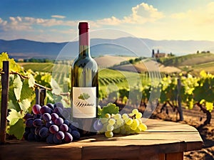 imagine grapes, a bottle of wine, a glass, on the veranda of a vineyard on a sunny day, a view of the vineyard