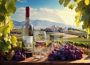 imagine grapes, a bottle of wine, a glass, on the veranda of a vineyard on a sunny day, a view of the vineyard