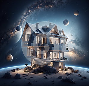 Imagine a visually descriptive and detailed image of a house in the vastness of space photo