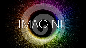 IMAGINE word written on black background with colorful rainbow streaks and glowing sparkling particles