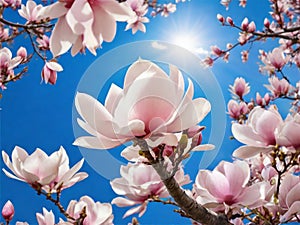 imagine that you are looking from below through the branches of a blooming magnolia at the blue sky and sun