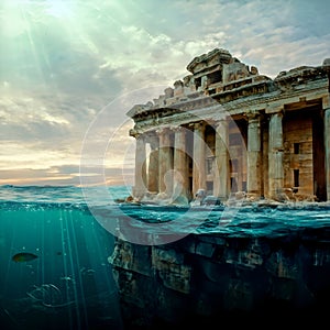 Imaging Construction with columns of lost Atlantida world around ocean water. Lost ancient civilization. paint style. Ai generated