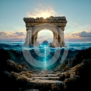 Imaging Construction, portal with columns of Atlantida world around ocean. Lost ancient civilizations. Ai generated