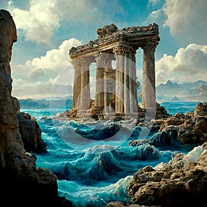 Imaging Construction, portal with columns of lost Atlantida world around ocean. Lost ancient civilizations. Ai generated