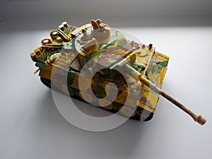 Model of plastic tank. Soviet and fascist tanks. Details and close-up.