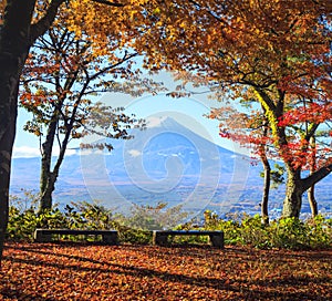 Imaging of Mt. Fuji autumn with red maple leaves Japan