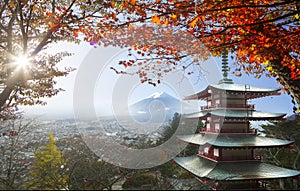 Imaging of Mt. Fuji autumn with red maple leaves, Japan