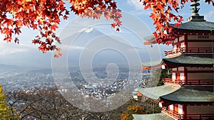 Imaging of Mt. Fuji autumn with red maple leaves, Japan