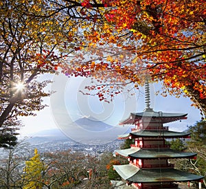 Imaging of Mt. Fuji autumn with red maple leaves, Japan