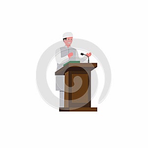 Imam muslim standing giving speech in podium, religous prayer moslem icon in cartoon flat illustration vector isolated in white ba