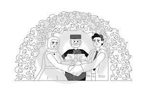Imam officiating muslim bride groom wedding monochromatic flat vector characters
