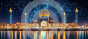 Imam Reza Shrine Illuminated. Ancient Architecture and Modern Network Connectivity, Mashhad, Iran. photo