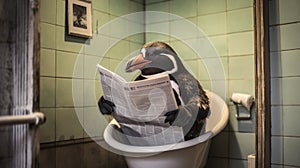 Imax-style Portrait Of Penguin Sitting On Toilet Seat With Newspaper