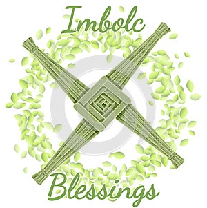 Imbolc Blessings. Beginning of spring pagan holiday. Brigids Cross in a wreath of green leaves