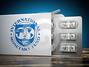 IMF International Monetary Fund tranches concept. Pack of dollars as pills in blister pack