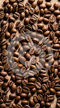 Img Close up photo of numerous coffee beans on textured beige surface photo