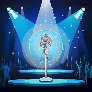 Img Nightclub stage illuminated with blue spotlight and microphone photo