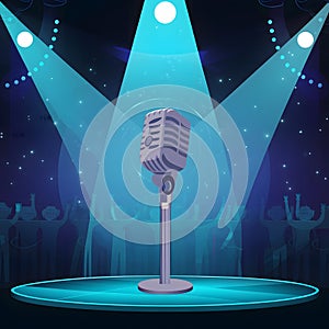 Img Nightclub stage illuminated with blue spotlight and microphone photo