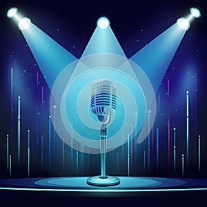 Img Nightclub stage illuminated with blue spotlight and microphone photo