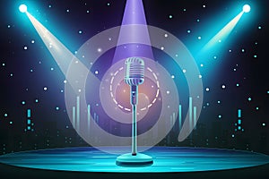 Img Nightclub stage illuminated with blue spotlight and microphone photo