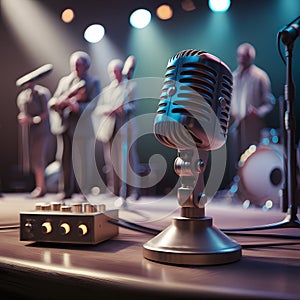 Img Retro microphone on stage, vintage audio equipment photo