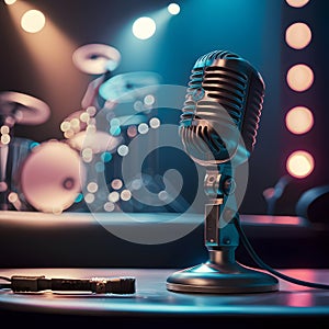 Img Retro microphone on stage, vintage audio equipment photo