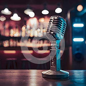 Img Vintage microphone on bar stage, retro audio equipment photo