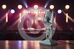 Img Vintage microphone on bar stage, retro audio equipment photo