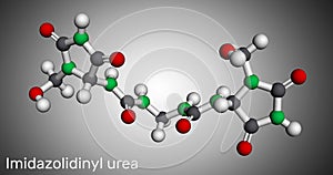 Imidazolidinyl urea, imidurea molecule. It is antimicrobial preservative used in cosmetics, formaldehyde releaser. Molecular model