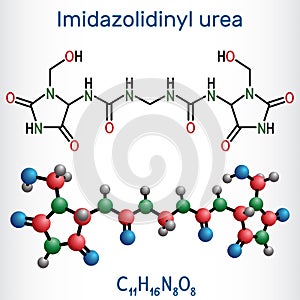 Imidazolidinyl urea, imidurea molecule. It is antimicrobial preservative used in cosmetics, formaldehyde releaser. Structural