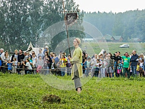 Imitation battles of the ancient Slavs during the festival of historical clubs in the Kaluga region of Russia.