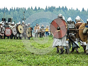 Imitation battles of the ancient Slavs during the festival of historical clubs in the Kaluga region of Russia.