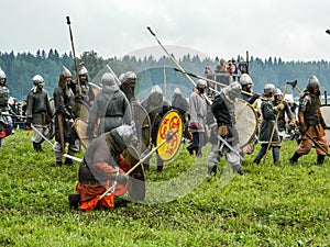 Imitation battles of the ancient Slavs during the festival of historical clubs in the Kaluga region of Russia.