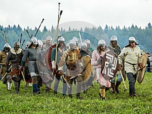 Imitation battles of the ancient Slavs during the festival of historical clubs in the Kaluga region of Russia.