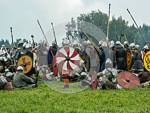 Imitation battles of the ancient Slavs during the festival of historical clubs in the Kaluga region of Russia.