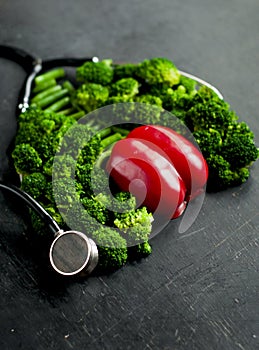 Imitation of healthy lungs and heart formed by broccoli and pepper with stethoscope