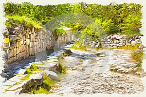 Imitation of a picture. Oil paint. Illustration. Crimea. Chufut-Kale spelaean city is a fortress. Medieval road photo