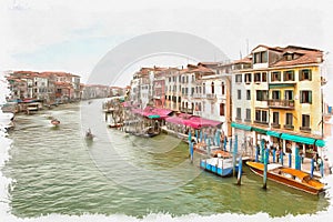 Imitation of a picture. Oil paint. Illustration. Embankment of Grand Canal. Venice. Italy