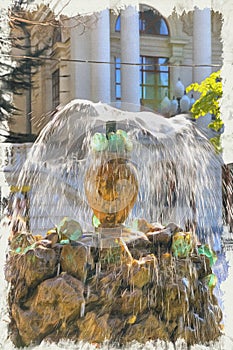 Imitation of a picture. Oil paint. Illustration. Fountain in the city of Sevastopol