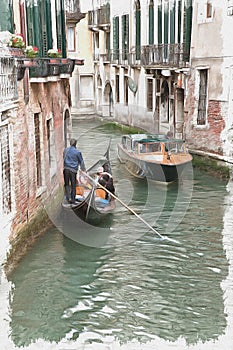 Imitation of a picture. Oil paint. Illustration. Gondolas and gondoliers. Venice. Italy