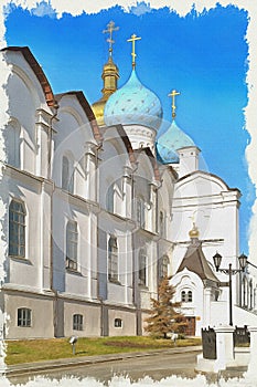 Imitation of a picture. Oil paint. Illustration. Kazan, Kremlin, Blagoveshchensk cathedral