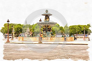 Imitation of a picture. Oil paint. Illustration. Paris. At the Place de la Concorde. The historic city center. Fountain