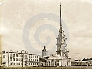 Imitation vintage photo: Peter and Paul Cathedral and Grand Ducal Burial Vault in St. Petersburg