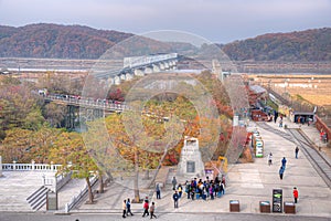 IMJINGAK, KOREA, NOVEMBER 10, 2019: People are strolling towards The bridge of freedom at Imjingak, Republic of Korea