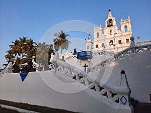 Immaculate Conception Church in Panjim. panjim church. goa church. white church and blue sky.