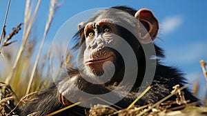 Immaculate Perfection: Chimpanzee Resting In Grass Under Blue Sky