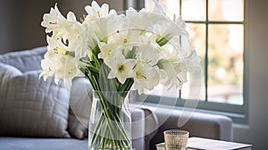 Immaculate Perfectionism: White Flowers In A Glass Vase On A Couch